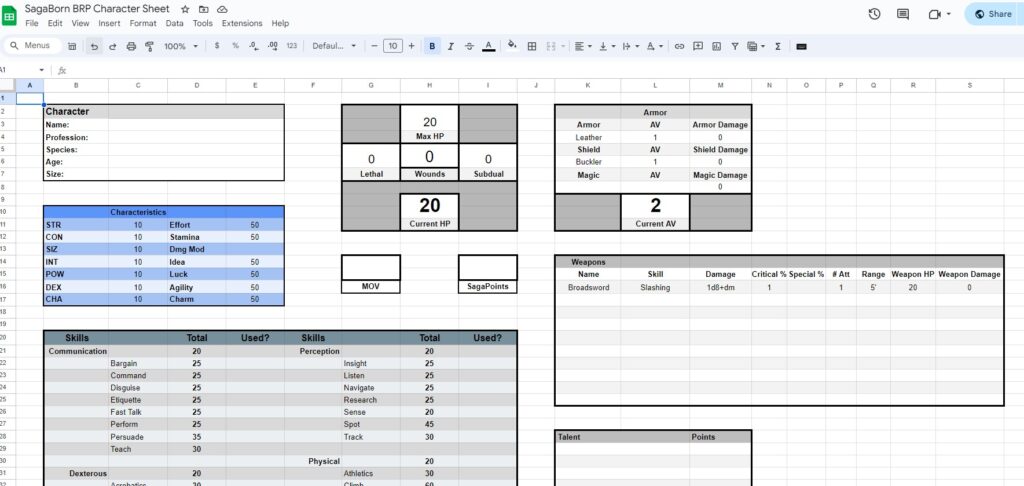 SagaBorn BRP character sheet digital